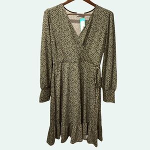 KAILEIGH Pamela Knit Faux Wrap Dress Floral Long Sleeve Ruffle Hem NWT Olive L